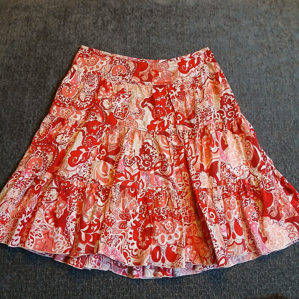 Liz Claiborne Red Pink Paisley Floral Tiered Boho Mini Skirt Women Size Large